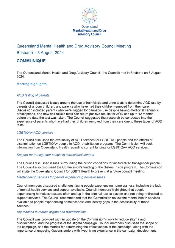 Image showing first page of Advisory Council Communique for August 2024