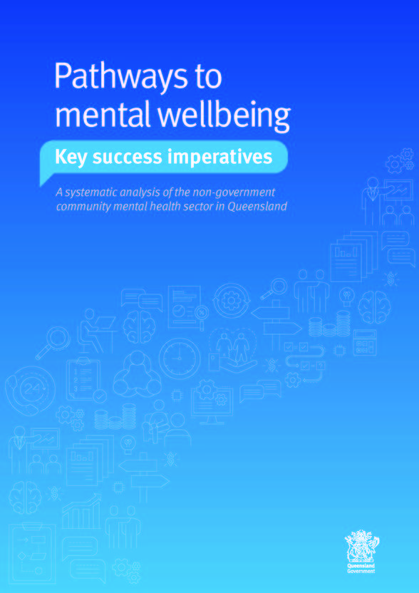 Image of front cover of Pathways to mental wellbeing report which is a blue and includes a number of health and people focused icons under the name of the report
