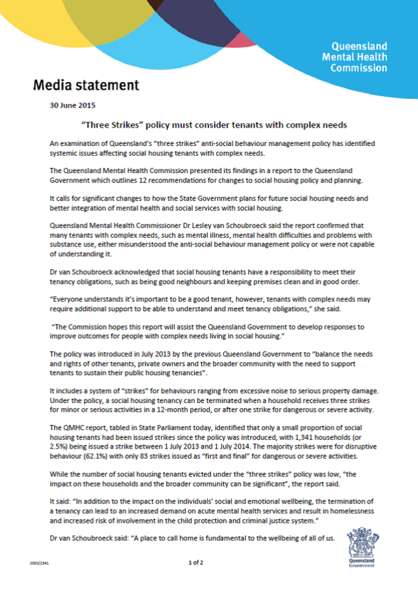 PIC_Media Release Three strikes policy must consider tenants with complex needs