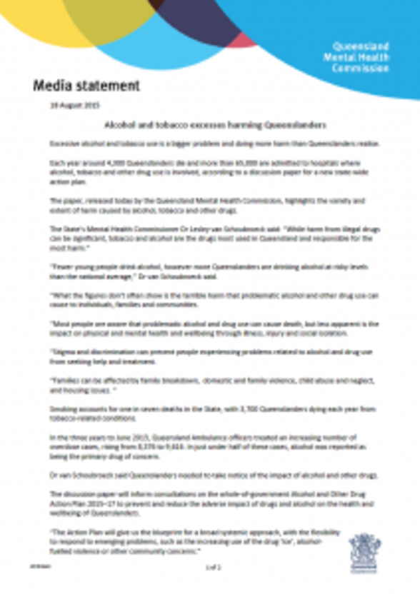 PIC Media Release_Alcohol and tobacco excesses harming Queenslanders