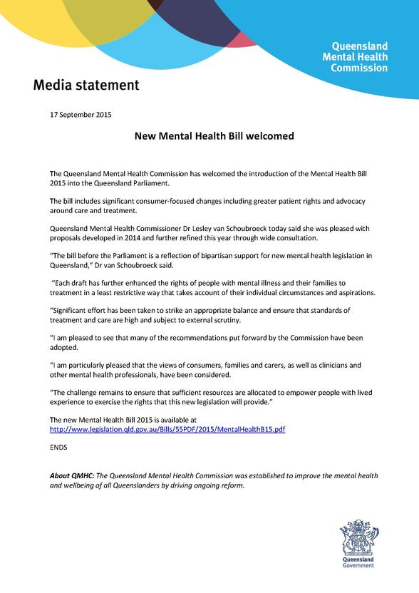 QMHC MEDIA RELEASE_New Mental Health Bill welcomed