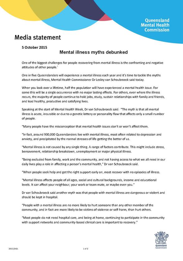 QMHC MEDIA RELEASE_Mental illness myths debunked