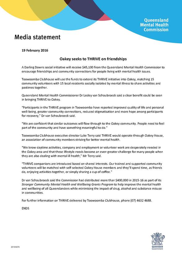 MEDIA RELEASE_Toowoomba Clubhouse Thrive initiative for Oakey_WEB