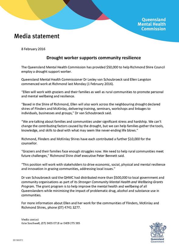 QMHC MEDIA RELEASE_Drought support worker Richmond Shire