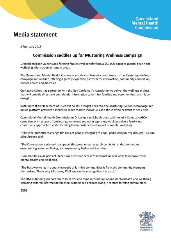 QMHC MEDIA RELEASE_Mustering Wellness Grant_Centacare Cairns - Web