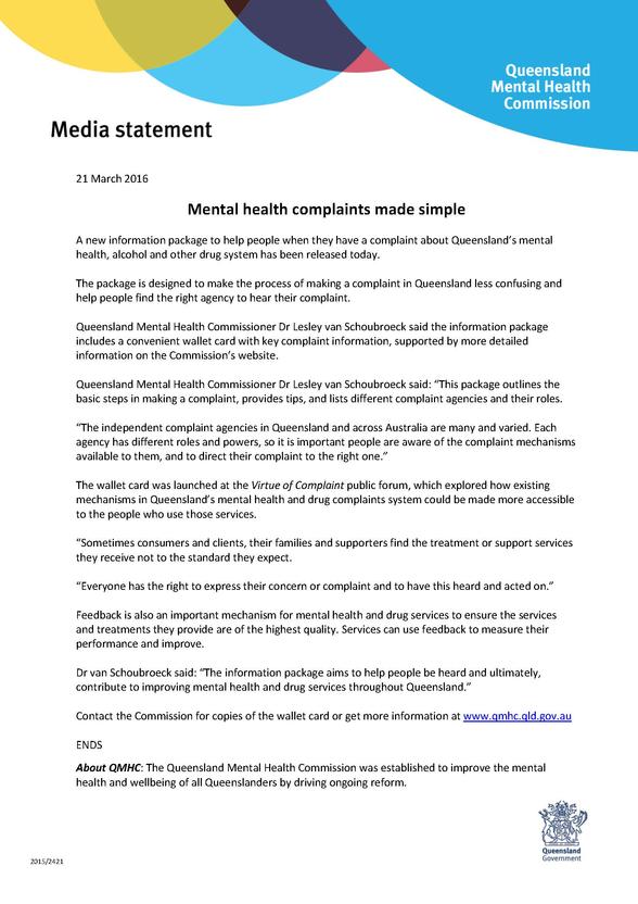 QMHC MEDIA RELEASE_ Mental health complaints made simple_WEB