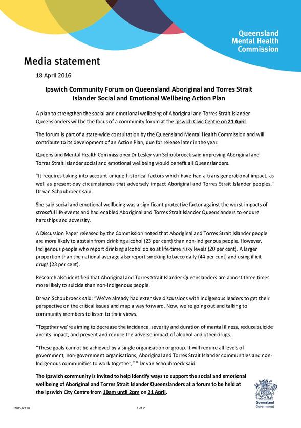 MEDIA RELEASE_IPSWICH Community Forum for Aboriginal and Torres Strait Islander Social and Emotional Wellbeing Action Plan