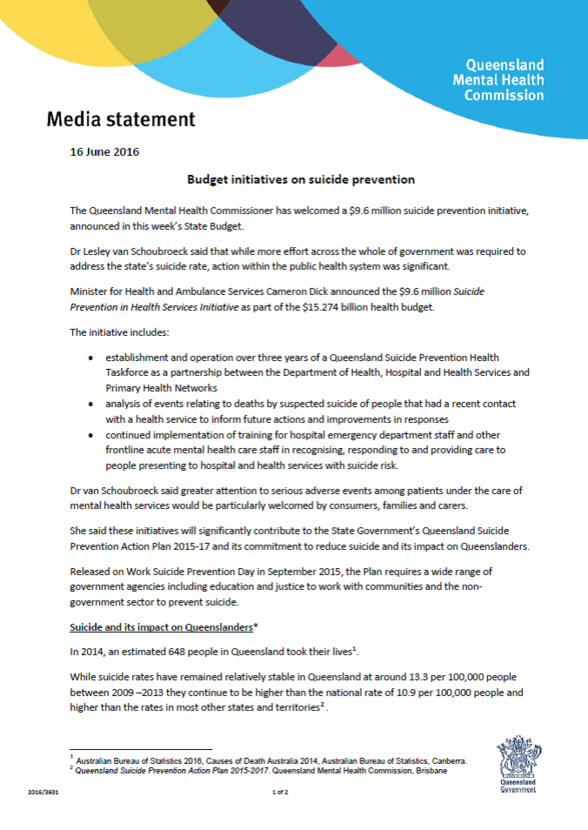 PIC_Media Release_Budget initiatives on suicide prevention