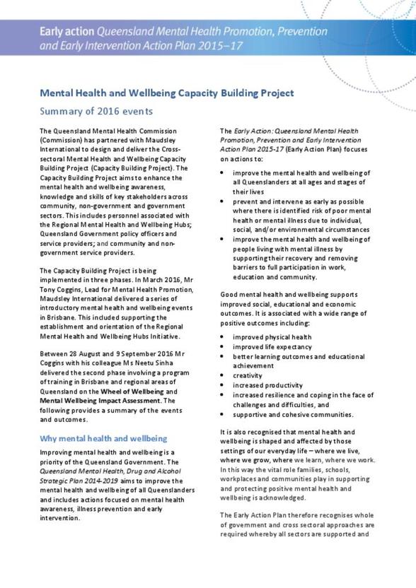 Project Update Mental Health And Wellbeing Capacity Building 2016 Queensland Mental Health Commission Just like in marketing there is formula : mental health and wellbeing capacity