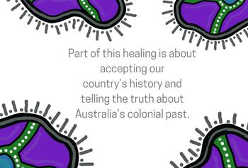 A white square with the text: Part of this healing is about accepting our country’s history and telling the truth about Australia’s colonial past.