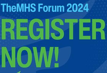 Promotional image for TheMHS Forum 2024 with logo and register now text