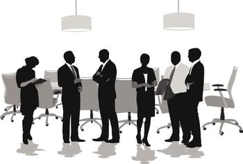 Graphic art image of board members standing and talking to each other with board table in background