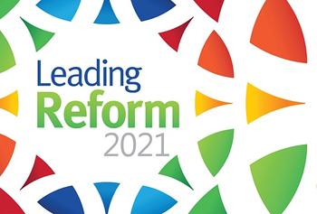 A graphic of the commission logo with the text Leading Reform on top.