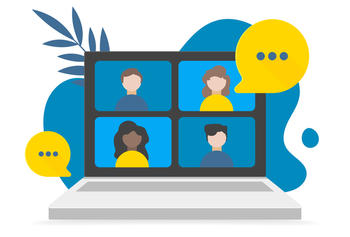 Illustrated image of a laptop with people in a conference call on a grid on the screen