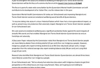 MEDIA RELEASE_IPSWICH Community Forum for Aboriginal and Torres Strait Islander Social and Emotional Wellbeing Action Plan