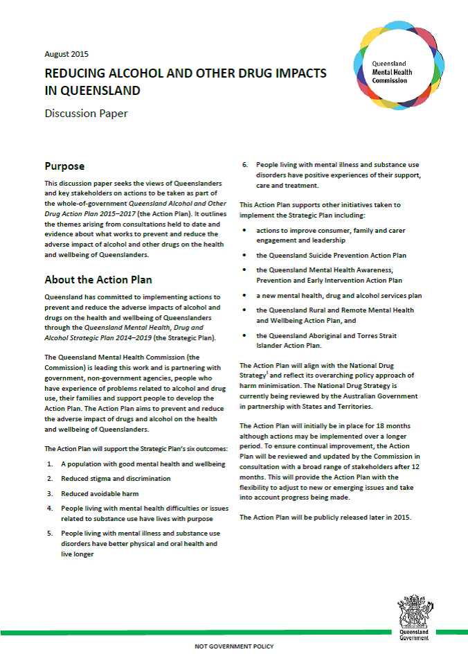 PIC Discussion Paper Reducing alcohol and other drug impacts in Queensland